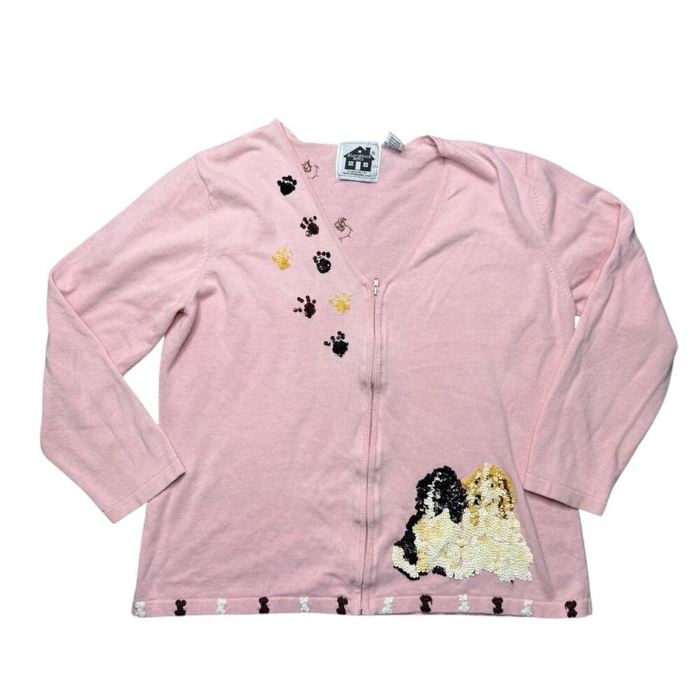 Vintage 90s Storybook Knits Dog Cardigan L Sequin Cocker Spaniel Sweater HSN